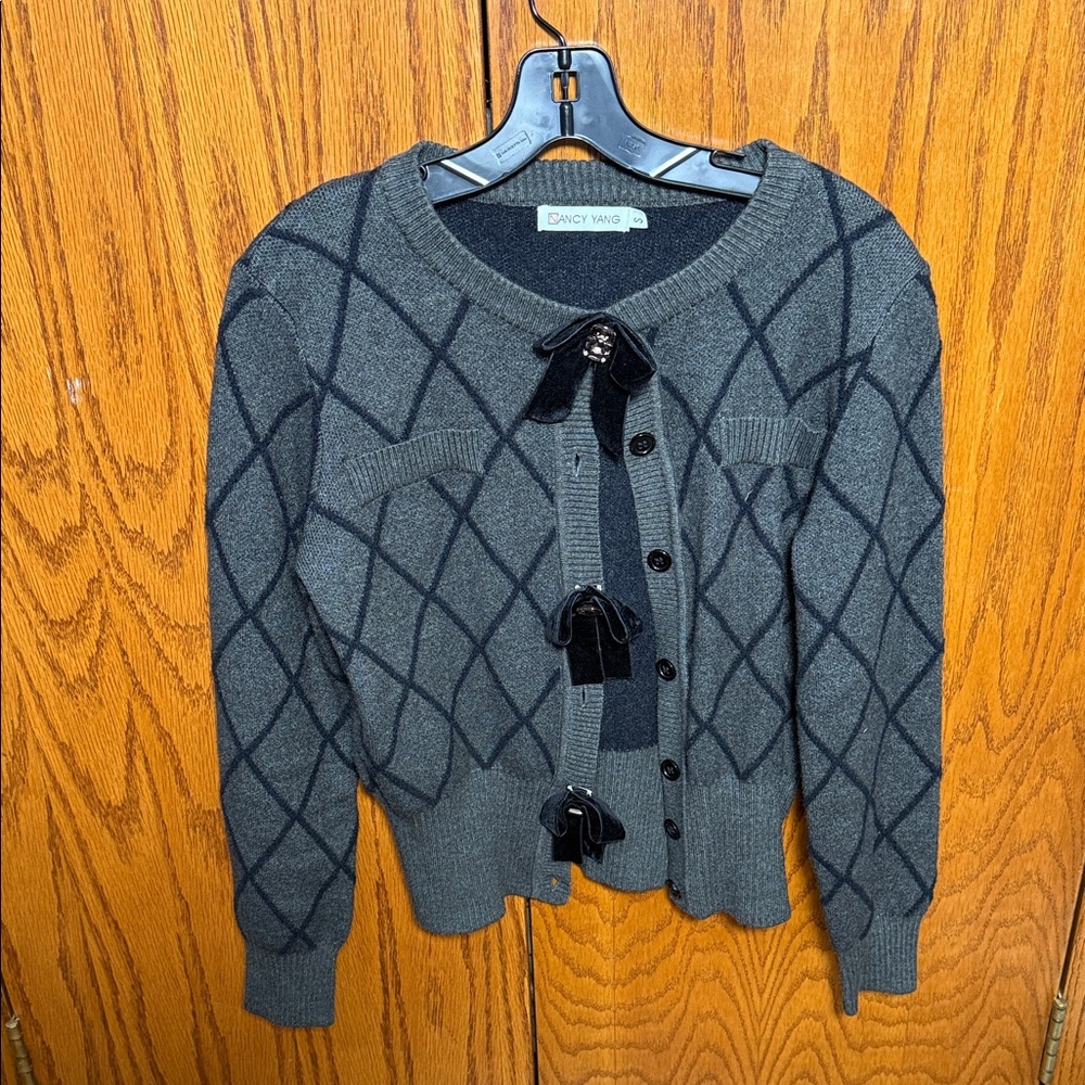 Elegant Gray Cardigan with Bow Accents